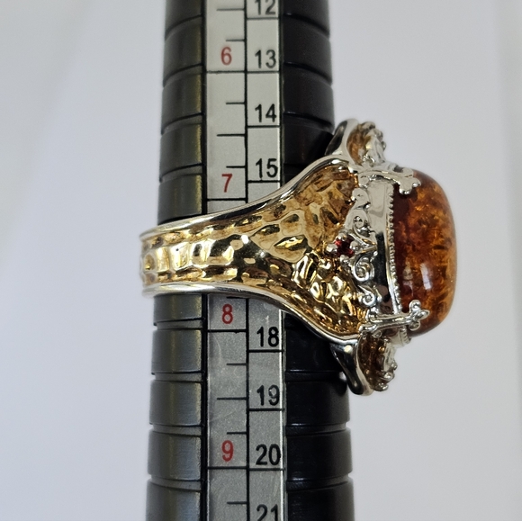 Gems En Vogue Baltic Amber & Red Sapphire Ring 18K & Palladium Silver Sz 7.5 - Picture 6 of 6
